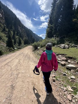 A photograph of a person in a pink and teal jacket with a black hat walking down a dirt road through a forested mountain valley on a sunny day.