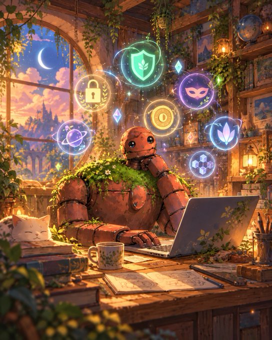 A whimsical digital illustration of a moss-covered rusty robot sitting at a wooden desk using a laptop in a cozy, plant-filled room at twilight, surrounded by floating glowing symbols including a padlock, shield, mask, and crypto-related emblems.