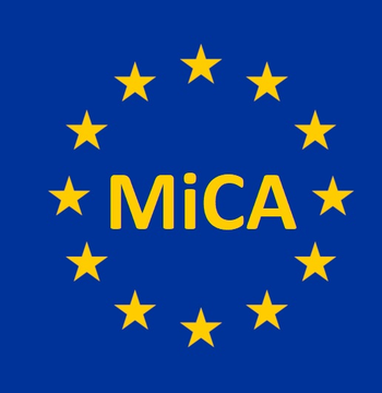 The image displays a blue background featuring yellow stars arranged in a circle, mimicking the European Union flag, with the bold yellow text "MiCA" prominently in the center. This visually reinforces the article's news about Bison Bank obtaining full MiCA (Markets in Crypto-Assets) regulatory license approval in Portugal.