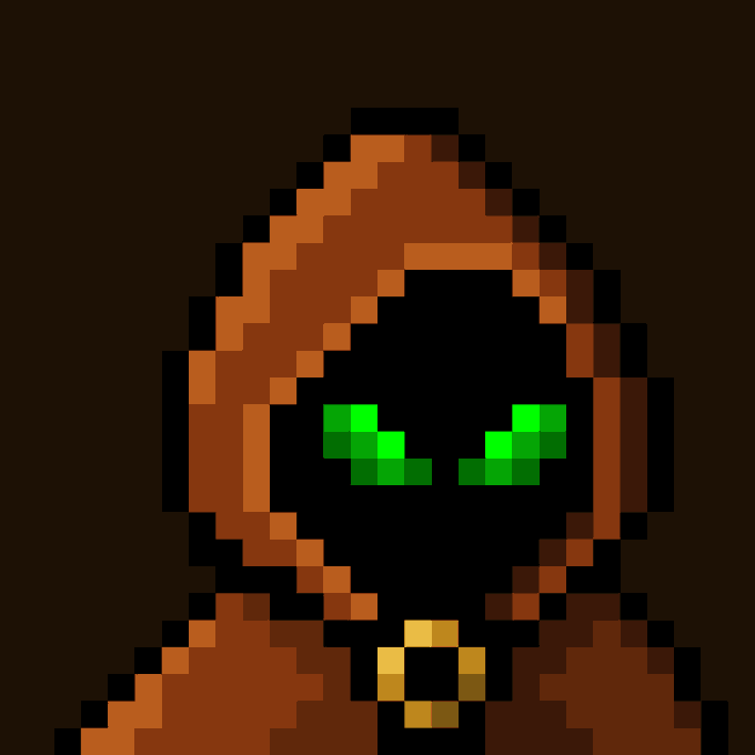 A pixel art hooded figure with glowing green ninja-style eyes and a gold emblem, depicted in a shadowy brown palette that evokes the stealthy, mysterious "mancer" theme of the Mancer DEX aggregator post. The image visually reinforces the leader's message about Mancer's covert, ninja-like potential to dominate the DeFi space through its multi-utility revenue streams.