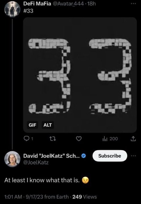 A tweet from DeFi MaFia (@Avatar444) posted 18 hours ago shows an animated GIF of pixelated/blocky text appearing to form the number "33," with 1 reply and 200 likes. Below it, David "JoelKatz" (@JoelKatz) replies "At least I know what that is. 🙂" The image visually represents the "#33" Week 33 reference in the accompanying post about $XRP, connecting to JoelKatz's playful acknowledgment of the countdown.