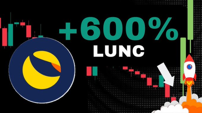 A bold graphic showcases the LUNC cryptocurrency logo alongside a "+600%" gain figure and a candlestick chart featuring a rocket illustration, visually emphasizing Terra Luna Classic's dramatic upward price surge in support of the post's message celebrating progress toward financial freedom.