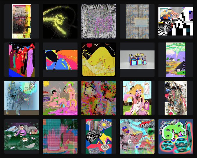 A grid displaying approximately 20 colorful abstract digital artworks and paintings, featuring vibrant colors, surreal imagery, and various artistic styles including portraits, landscapes, and abstract compositions.