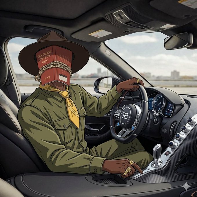 The image features a man sitting inside of a car, wearing a cowboy hat and a bandana around his neck. He appears to be driving the vehicle while holding onto the steering wheel with one hand. The background shows an open road with buildings visible in the distance. There is also text that reads "gm ct... motion and wins even on weekends $RIVER". This suggests that the image might have been created for a promotional or artistic purpose, possibly related to a car dealership or an advertisement campaign for a car-related product or service.