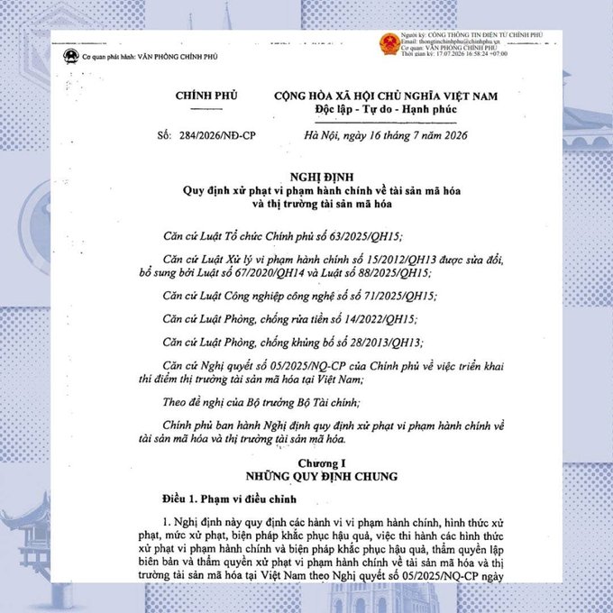 An official Vietnamese government document titled 'NGHỊ ĐỊNH' regarding administrative penalties in the crypto asset market (tài sản mã hóa), numbered 284/2026/NĐ-CP.