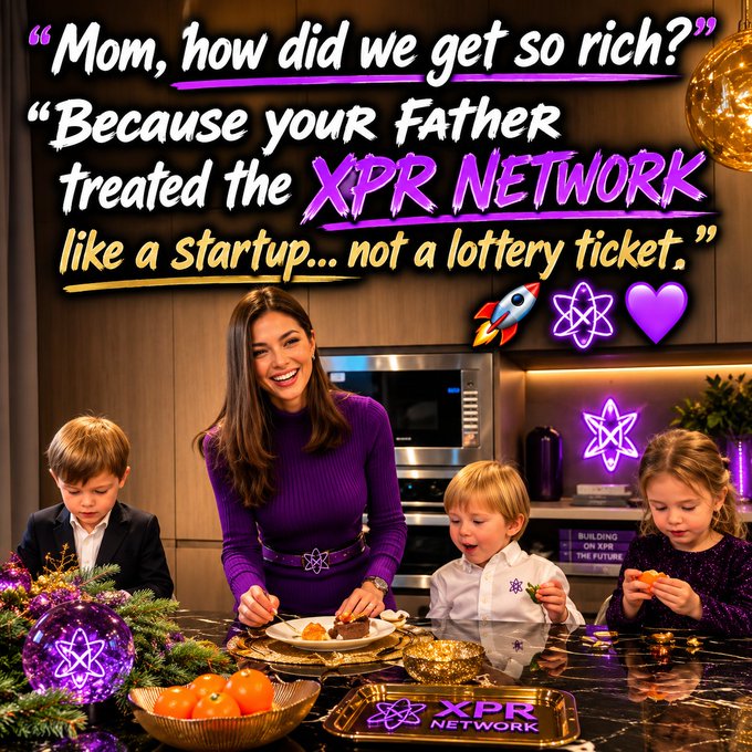 The image shows a woman wearing a purple shirt standing at a kitchen counter surrounded by children who are eating food, including oranges. The scene takes place during the holiday season with Christmas decorations visible around them. A sign that reads "Mom, how did we get so rich?" is also present in the background.