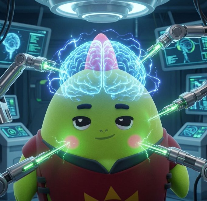 A cute green Sleepagotchi character lies in a futuristic lab as robotic arms project glowing green energy beams into its exposed, illuminated brain, symbolizing the app's deep sleep-monitoring and wellness-tracking technology. Surrounded by diagnostic screens displaying brain scans, the scene visually reinforces how Sleepagotchi goes beyond a simple game to analyze and track the body's overnight repair and recovery processes.