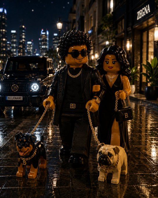 A LEGO-style scene featuring a couple dressed in black with gold jewelry walking two dogs on chains at night, with a 'ZEGNA' store and a vehicle displaying 'BILLIONAIRE' license plate in the background.