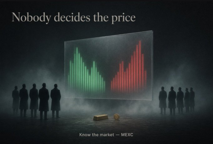 An advertisement for MEXC exchange featuring the slogan 'Nobody decides the price' above a glowing bar chart and silhouettes of people watching, with 'Know the market — MEXC' at the bottom.