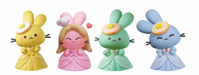 Four pastel-colored cartoon bunny princess figurines (yellow, pink, green, and blue) wearing elegant dresses, with the pink bunny featuring a heart and the others sporting egg-like headpieces. The image ties to the "Mystery Stock #27" post about picking a princess, playfully suggesting that whoever makes these cute bunny princess collectibles likely owns the franchise featured in PancakeSwap's mystery stock game.