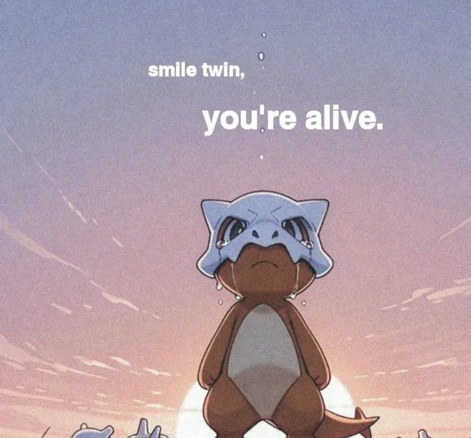 A sad Cubone wearing its skull mask stands against a pink sunset sky with the text "smile twin, you're alive." overhead, suggesting a melancholic yet hopeful message accompanying the cheerful "GM GM" greeting.
