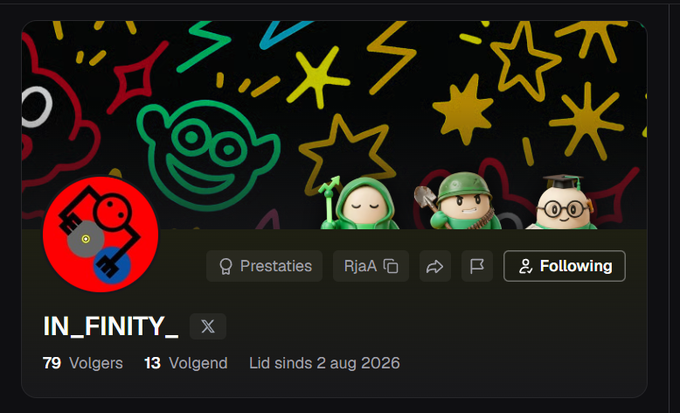 A profile page screenshot for a user named "IN_FINITY_" with 79 followers and 13 following, featuring colorful cartoon-style artwork with stars and character icons.