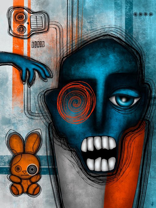 A surreal mixed-media illustration of a blue, hooded figure with one spiral eye and one normal eye, baring teeth, accompanied by stitched-together toy-like figures and mechanical elements.