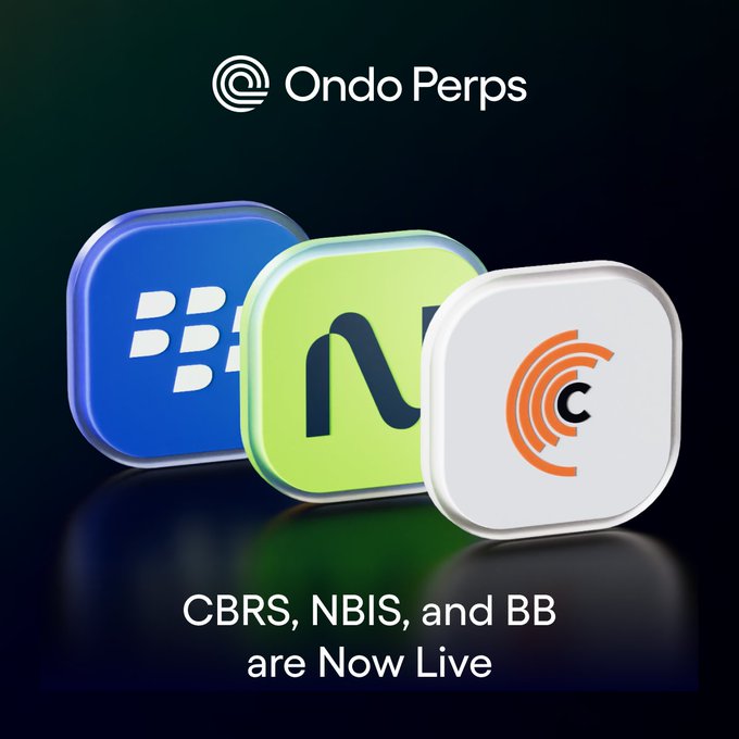 The image displays the logos for BlackBerry, Nebius Group, and Cerebras Systems, with the text "CBRS, NBIS, and BB are Now Live" confirming that these markets are now available on Ondo Perps, as indicated by the "Ondo Perps" logo.