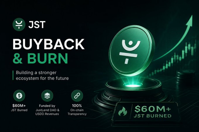 The image features an advertisement for JST Buyback & Burn, which promotes the idea that investing in this program can help build a stronger future for the ecosystem. The poster includes a green coin with a white symbol, representing the cryptocurrency "JST", and a graph showing the growth of the cryptocurrency over time. The text on the poster highlights the benefits of investing in JST Buyback & Burn, such as contributing to the ecosystem's long-term value creation and supporting sustainable practices within the industry.