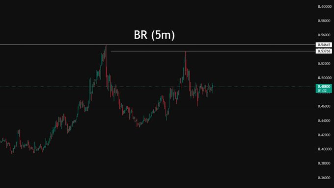 A 5-minute candlestick chart labeled 'BR (5m)' showing price action between approximately 0.4000 and 0.5600 on a black background.