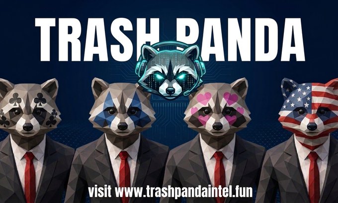 Four low-poly suited raccoon figures with club, star, heart, and American flag face markings stand beneath a "TRASH PANDA" logo and the URL "www.trashpandaintel.fun," promoting the $TPI airdrop and presale mentioned in the post.