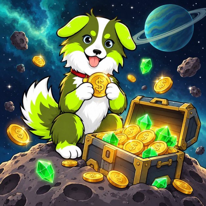 A cartoon green and white dog holds a gold coin while sitting beside an overflowing treasure chest of coins and emeralds on an asteroid, with a ringed planet in the cosmic backdrop — symbolizing the post-hype "treasure hunt" phase of $ROBDOG, where the initial run has cooled but valuable gems remain scattered among the community.