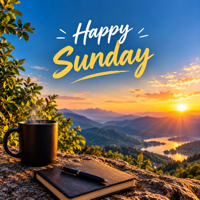 Scenic greeting image with 'Happy Sunday' text in yellow and white over a sunrise mountain landscape featuring a coffee mug, journal, and pen on a rocky ledge.