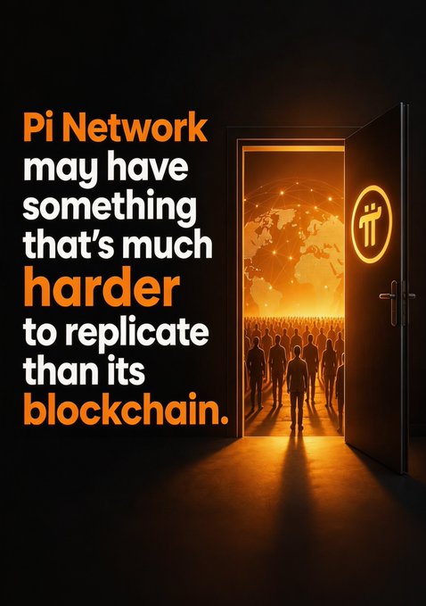 A promotional graphic states 'Pi Network may have something that's much harder to replicate than its blockchain.' next to an open doorway glowing with orange light, silhouettes of a crowd, and the Pi symbol.