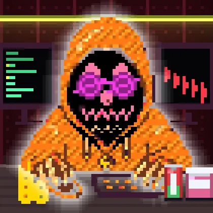 A pixel art character wearing an orange hooded outfit, pink sunglasses, and a beaded necklace sits at a console with graph displays in the background. The image represents "Tradooor #5681," an NFT that was sold for 0.0493 WETH on OpenSea, depicting a stylized trader figure fitting the "Tradooor" collection theme.