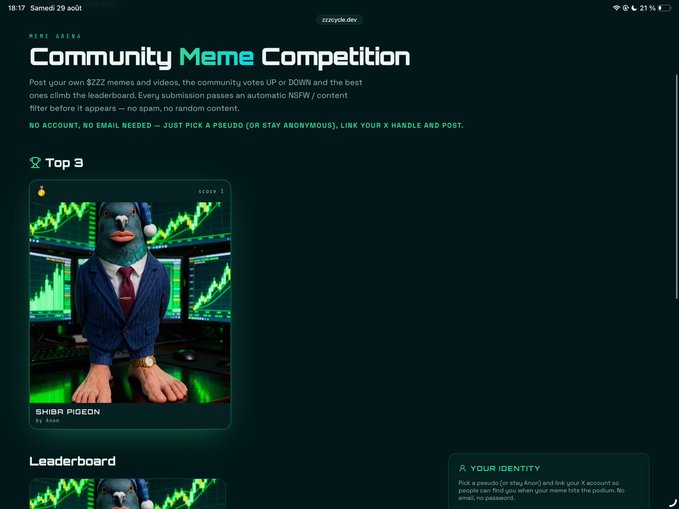 A webpage for the 'zzz.yt Community Meme Competition' on zzzcycle.dev, featuring a 'Top 3' section with a meme image titled 'SHIBA PIGEON by Anon' showing a pigeon-headed figure in a suit against stock charts.