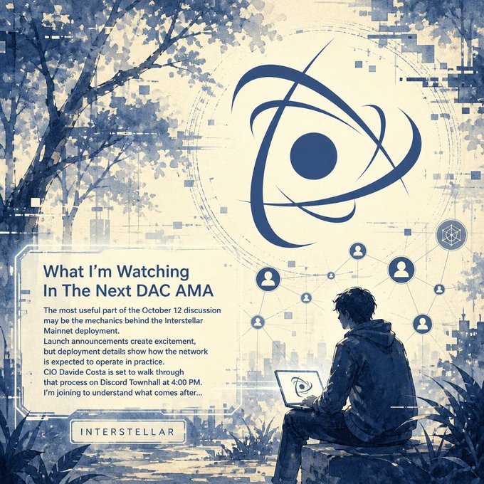 Blue-toned illustration showing a person sitting with a laptop while a stylized atomic/network logo hovers above, accompanied by text titled "What I'm Watching In The Next DAC AMA" discussing the Interstellar Mainnet deployment and CIO Davide Costa's Discord Townhall.