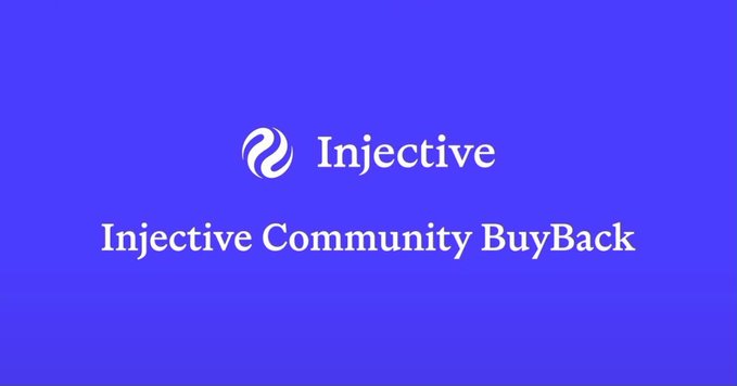 The image displays a purple banner with the Injective logo and text reading "Injective Community BuyBack," which corresponds to the announcement about Round #232 of the Injective Community Buyback scheduled for July 29 at 13:00 UTC, where the protocol uses ecosystem revenue to repurchase $INJ tokens from the open market.