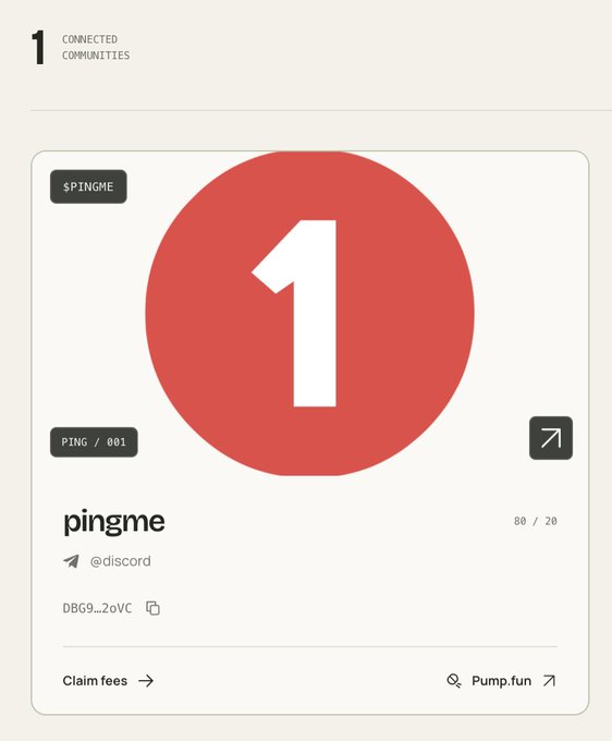 A screenshot of a digital interface showing a large red circle with the number '1' and the text 'pingme' and '@discord', with 'PING / 001' and 'Pump.fun' visible.
