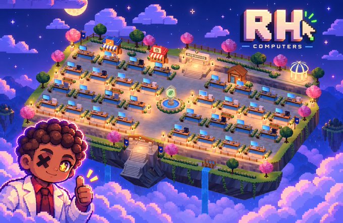 A pixel art illustration shows a floating island with rows of computer monitors, a central fountain, and a character with X eyes giving a thumbs up, labeled 'RH COMPUTERS'.