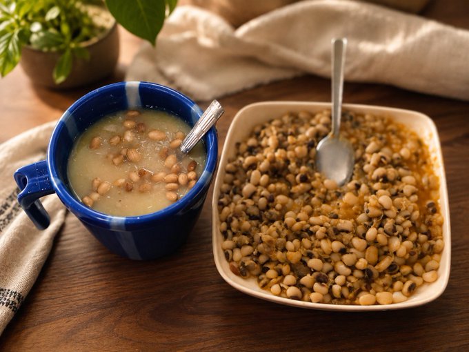 Two ceramic dishes on a wooden table, one a blue mug with broth-like soup containing beans, the other a square bowl filled with a black-eyed pea stew, both with spoons resting inside.