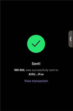 A green confirmation screen showing 'Sent! 189 SOL was successfully sent to AISU...iFxa' with a 'View transaction' link.