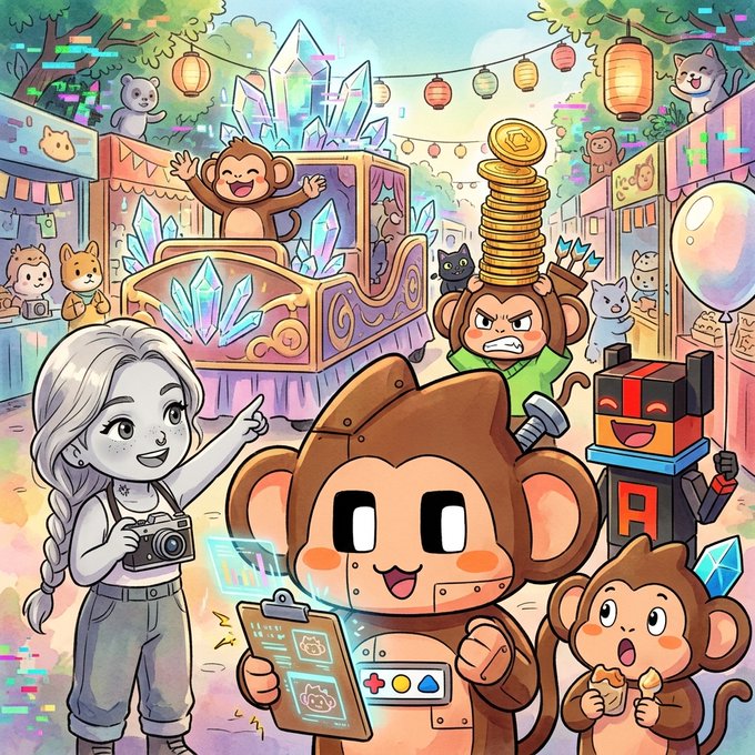 A colorful, whimsical digital illustration featuring cartoon monkey characters in a festive market setting, with one monkey holding a clipboard and another balancing gold coins, alongside a girl with a camera.