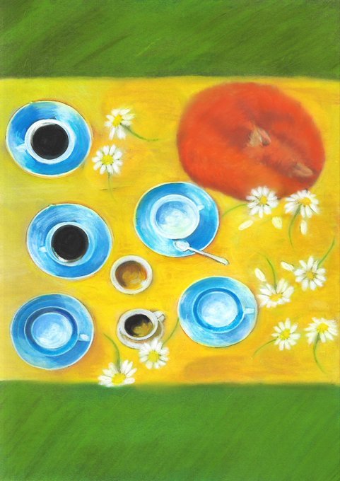 A vibrant painting depicting coffee cups on blue saucers, daisies, and a red hat against a yellow and green background.