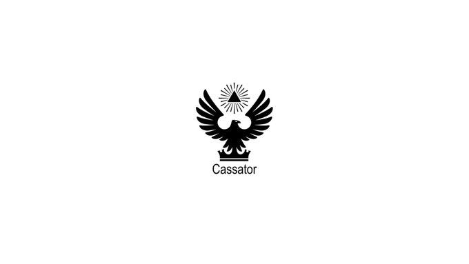 The image displays the Cassator logo, featuring a stylized black eagle with outstretched wings perched on a crown, with a radiant triangle emitting sun rays above its head. Below the emblem is the word "Cassator" in bold black text, representing the brand mentioned in the post as offering valuable tools for content monetization and gaming on the Stellar network.