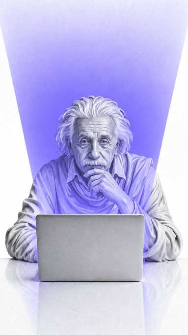 A monochromatic purple-toned illustration depicts Albert Einstein in deep thought, hand on chin, gazing at a laptop screen. The image cleverly suggests that even a genius like Einstein would need to think hard before trading, humorously reinforcing the post's message that trading is far more complex than "anyone can trade."