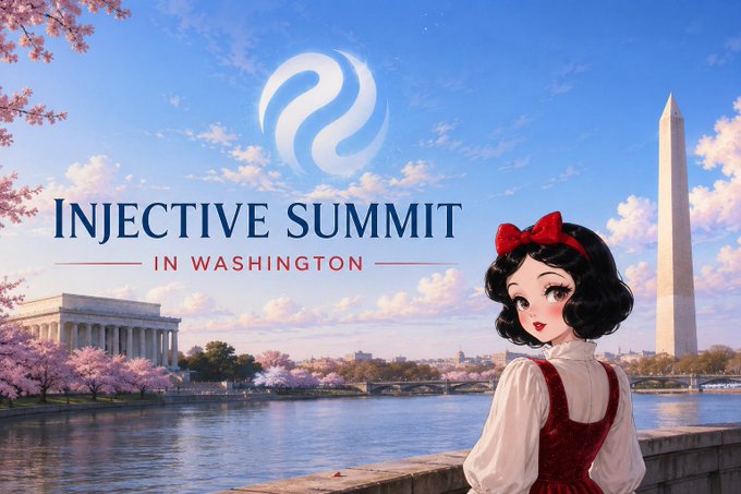 A promotional graphic for the "Injective Summit in Washington" features the Injective logo and a cartoon character with a red bow against a backdrop of Washington, D.C. landmarks including the Washington Monument and the Potomac River with cherry blossoms, promoting the July 16 Injective ($INJ) event focused on tokenization and onchain finance.