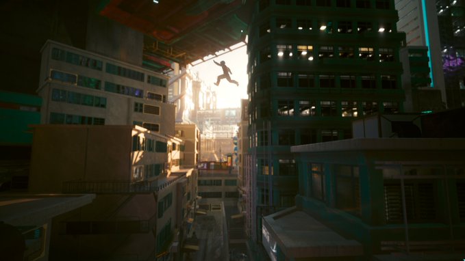 Cinematic video game screenshot showing a figure leaping between tall buildings in a cyberpunk-style cityscape with bright neon lighting.