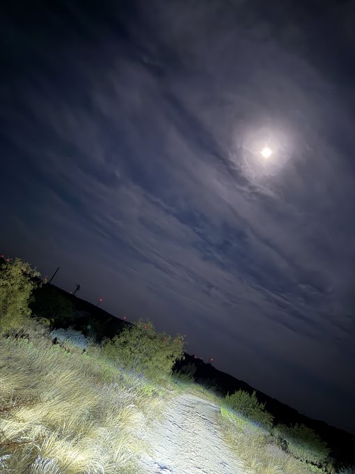 A nighttime outdoor scene with the moon glowing through wispy clouds above a grassy path illuminated by a flashlight, with faint red lights visible in the distance.