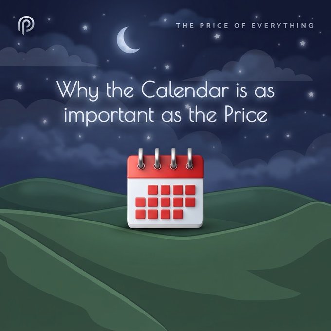 A nighttime graphic with the headline 'Why the Calendar is as important as the Price' under 'THE PRICE OF EVERYTHING,' featuring a 3D rendered red and white calendar icon against a starry sky with a crescent moon.