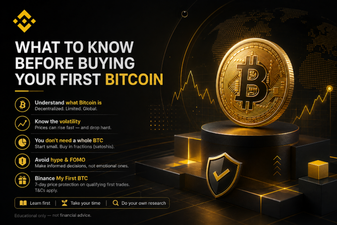 An informational graphic titled 'What to Know Before Buying Your First Bitcoin' with tips like understanding Bitcoin, volatility, starting small, avoiding FOMO, and using Binance's 7-day price protection.