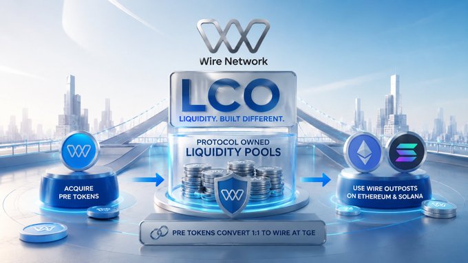 A promotional graphic for 'Wire Network' displaying 'LCO LIQUIDITY. BUILT DIFFERENT.' and 'PROTOCOL OWNED LIQUIDITY POOLS', with arrows showing a flow from 'ACQUIRE PRE TOKENS' to 'USE WIRE OUTPOSTS ON ETHEREUM & SOLANA', and text 'PRE TOKENS CONVERT 1:1 TO WIRE AT TGE'.