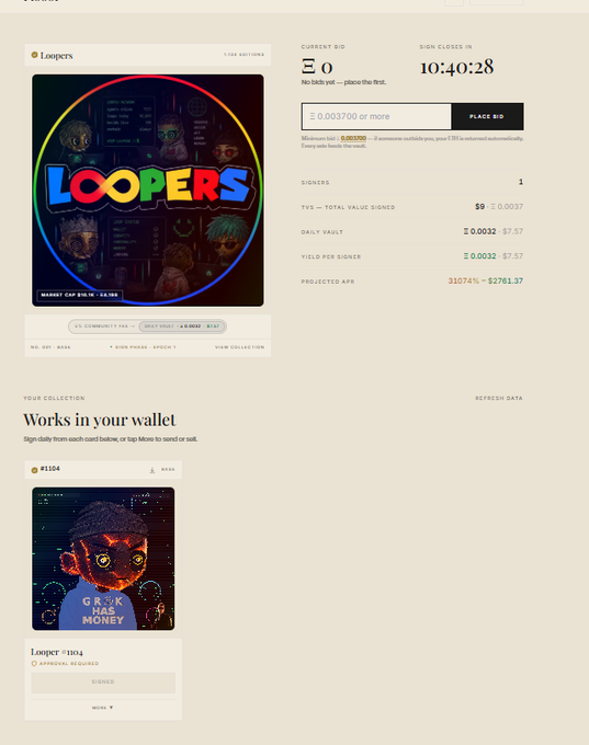 A screenshot of a crypto NFT auction website called 'Loopers' showing a current bid of Ξ0, an estimated value of $0.0037, and a featured NFT collection.