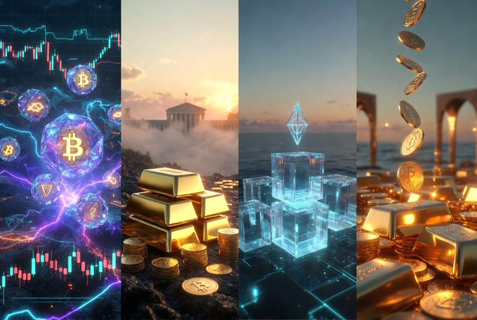 A four-panel collage depicting cryptocurrency and precious metals themes: Bitcoin trading charts, gold bars with a classical building, Ethereum (ETH) ice cube, and falling Bitcoin coins over gold.
