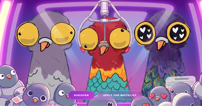 A vibrant cartoon-style image features three large pigeons with oversized yellow eyes (one with heart-shaped pupils) standing before a small crowd of pigeons, with the center bird holding a claw machine and a sign reading "WHITELIST NOW OPEN," directly promoting the Pigeon Crew NFT free mint whitelist applications mentioned in the post.