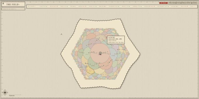 A digital map interface titled "THE FIELD" displays a multi-colored, hexagonal cell structure with a popup labeled "Lat: 39.7642".