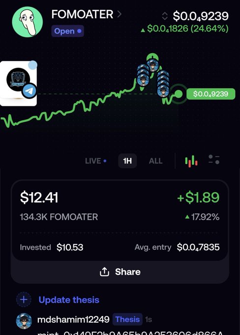 A cryptocurrency chart interface displays the token 'FOMOATER' showing a price of $0.0,9239 with a 24.64% increase, featuring multiple Pepe the Frog icons along the price line.