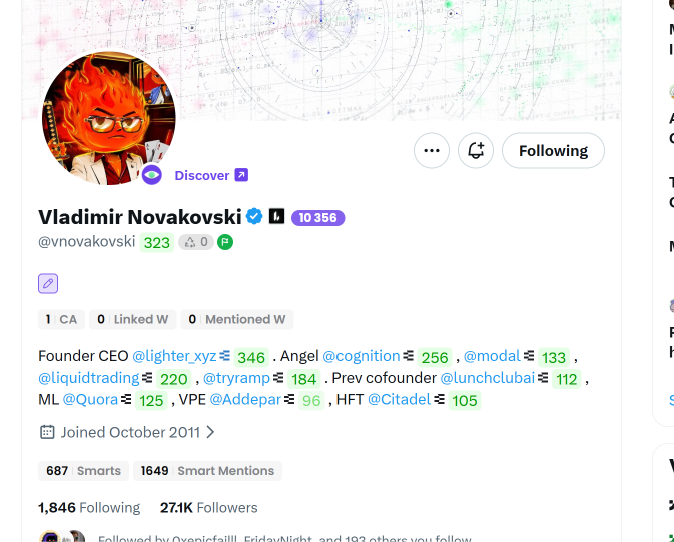 The image shows Vladimir Novakovski's (@vnovakovski) X/Twitter profile, displaying his "Fuego" NFT avatar, a verified account with 27.1K followers, and his bio identifying him as Founder CEO of @lighter_xyz with 10,356 Discover mentions. This directly relates to the accompanying post noting that Novakovski changed his profile picture to an NFT from the Fuego community collection, with the visible avatar confirming the PFP change referenced in the tweet.