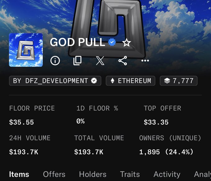 A screenshot of an NFT collection page titled 'GOD PULL' by DFZ_DEVELOPMENT on Ethereum, showing 7,777 items with a floor price of $35.55 and 24-hour volume of $193.7K.