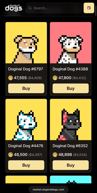 The Doginal Dogs marketplace displaying pixel art dog NFT listings for sale, with prices around 47,550 to 48,898 DOG and approximate USD values.